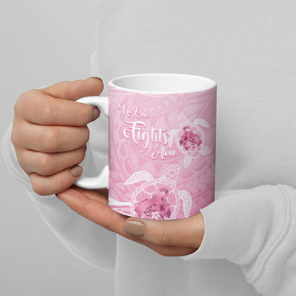 Personalised Polynesia Breast Cancer Support Ceramic Mug No One Fights Alone Turtle Ribbon Pink