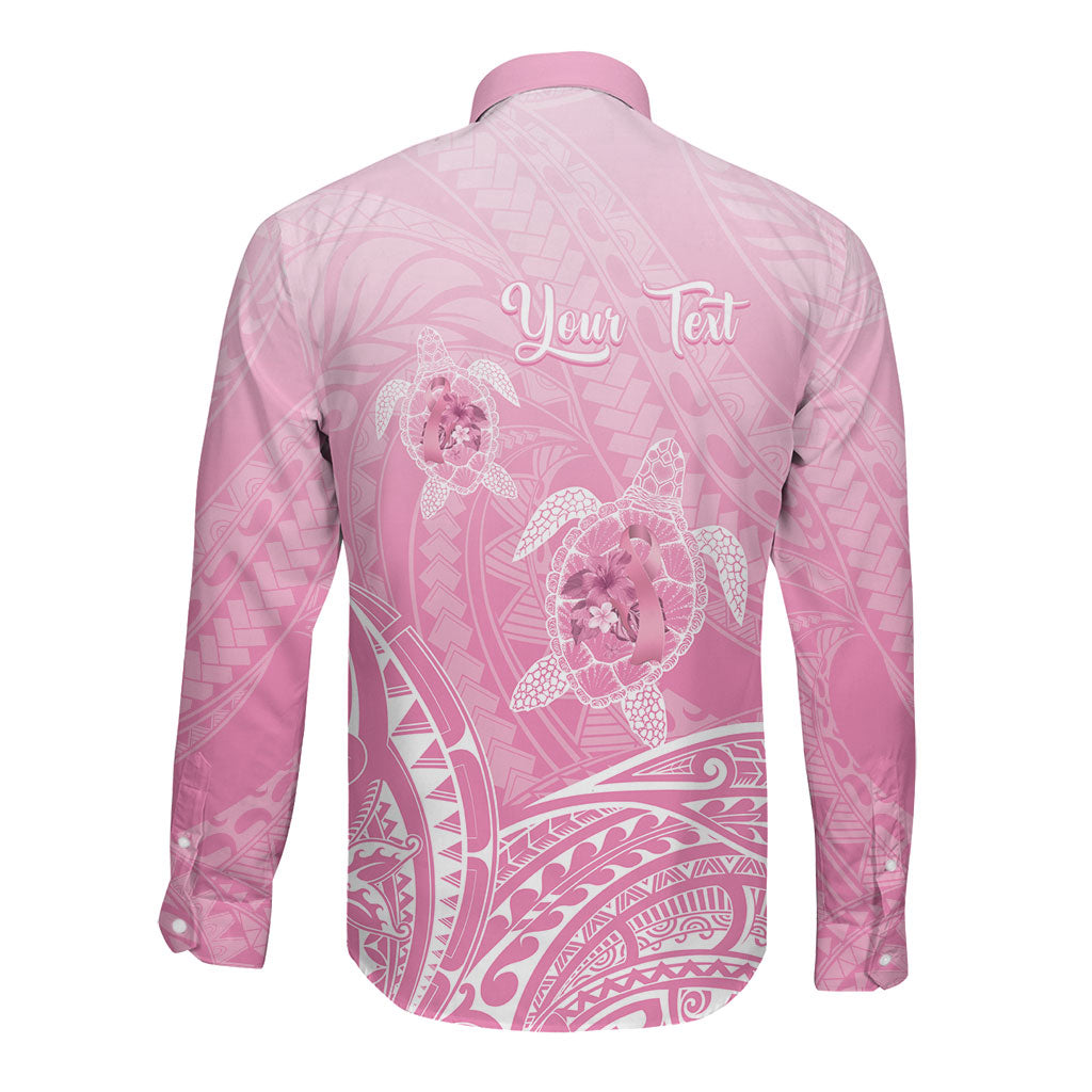 Personalised Polynesia Breast Cancer Support Long Sleeve Button Shirt No One Fights Alone Turtle Ribbon Pink