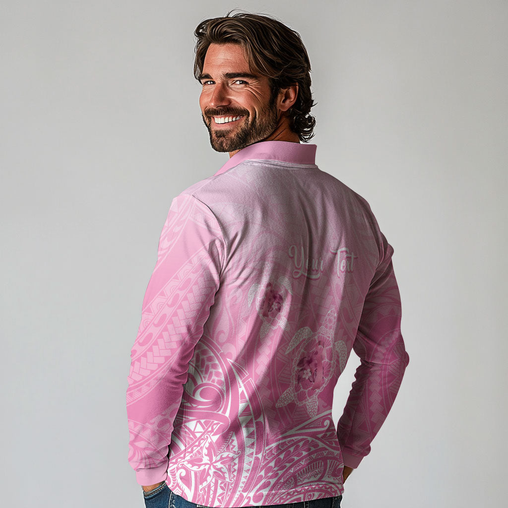 Personalised Polynesia Breast Cancer Support Long Sleeve Polo Shirt No One Fights Alone Turtle Ribbon Pink