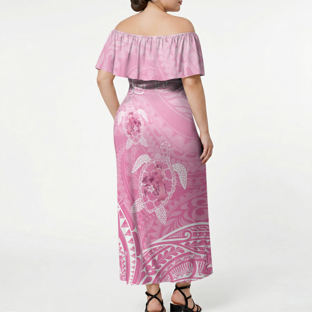Personalised Polynesia Breast Cancer Support Off Shoulder Maxi Dress No One Fights Alone Turtle Ribbon Pink