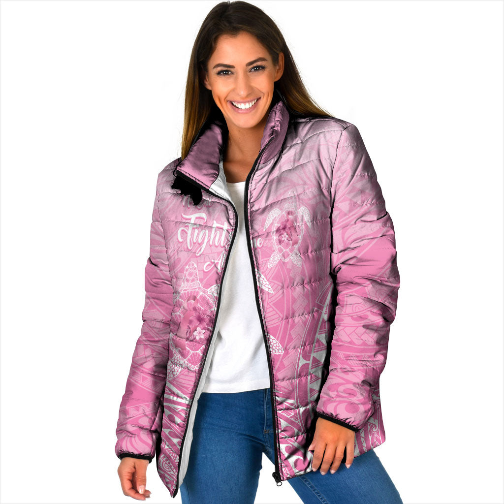 Personalised Polynesia Breast Cancer Support Padded Jacket No One Fights Alone Turtle Ribbon Pink