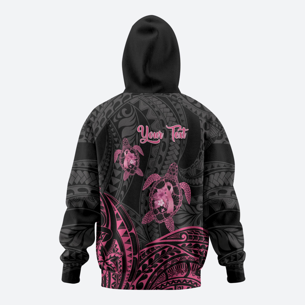 Personalised Polynesia Breast Cancer Support Hoodie No One Fights Alone Turtle Ribbon Black