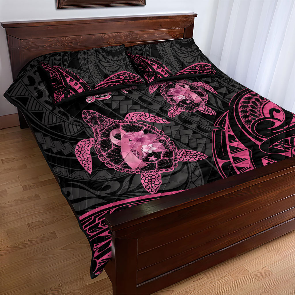 Personalised Polynesia Breast Cancer Support Quilt Bed Set No One Fights Alone Turtle Ribbon Black