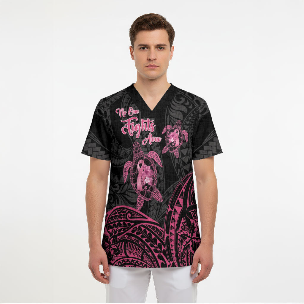 Personalised Polynesia Breast Cancer Support Scrub Top No One Fights Alone Turtle Ribbon Black