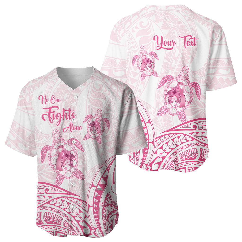 Personalised Polynesia Breast Cancer Support Baseball Jersey No One Fights Alone Turtle Ribbon White