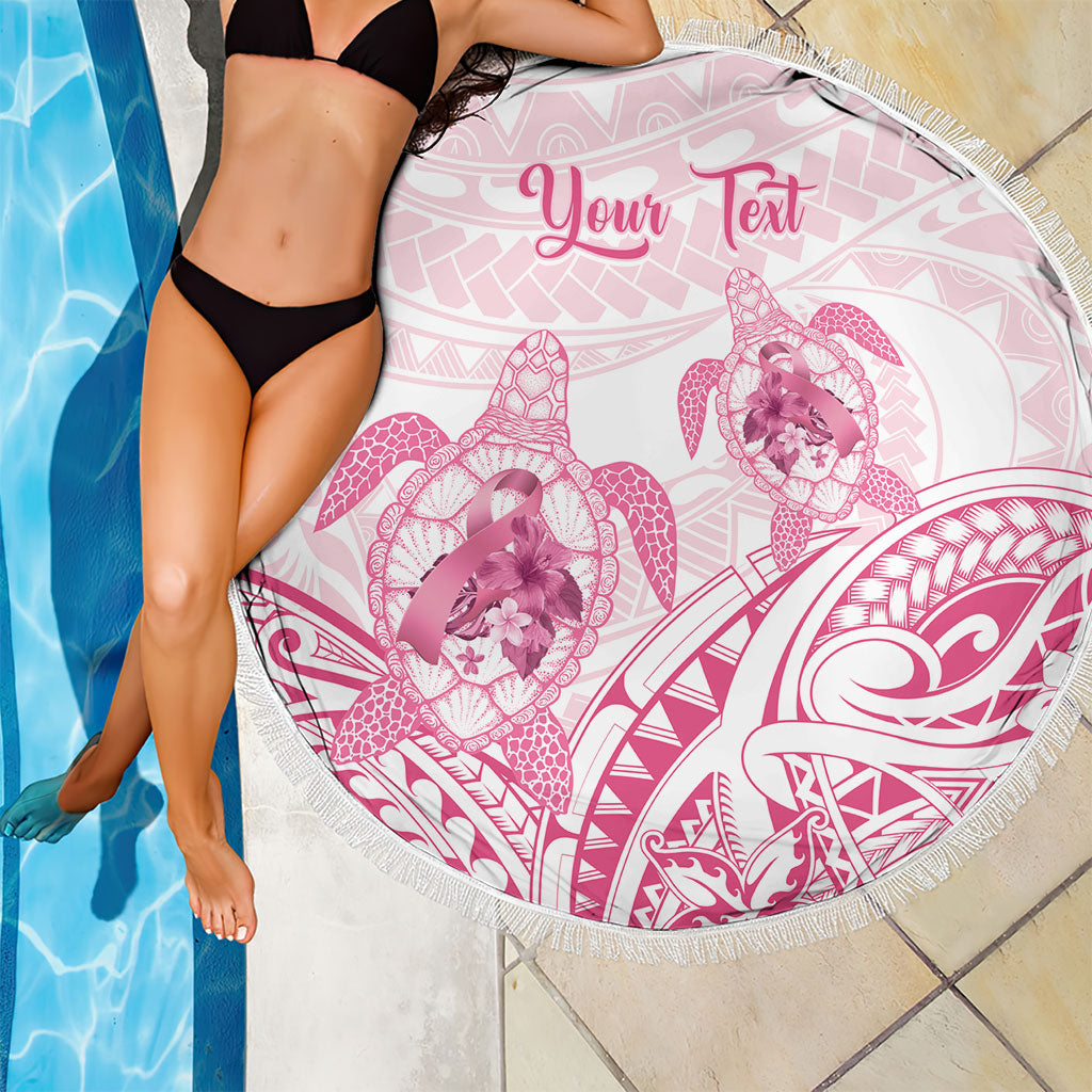 Personalised Polynesia Breast Cancer Support Beach Blanket No One Fights Alone Turtle Ribbon White