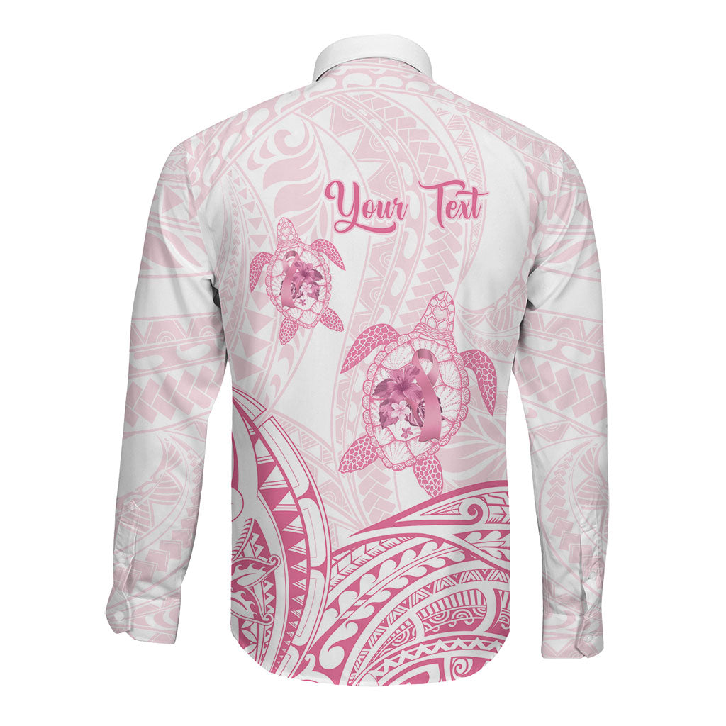 Personalised Polynesia Breast Cancer Support Long Sleeve Button Shirt No One Fights Alone Turtle Ribbon White