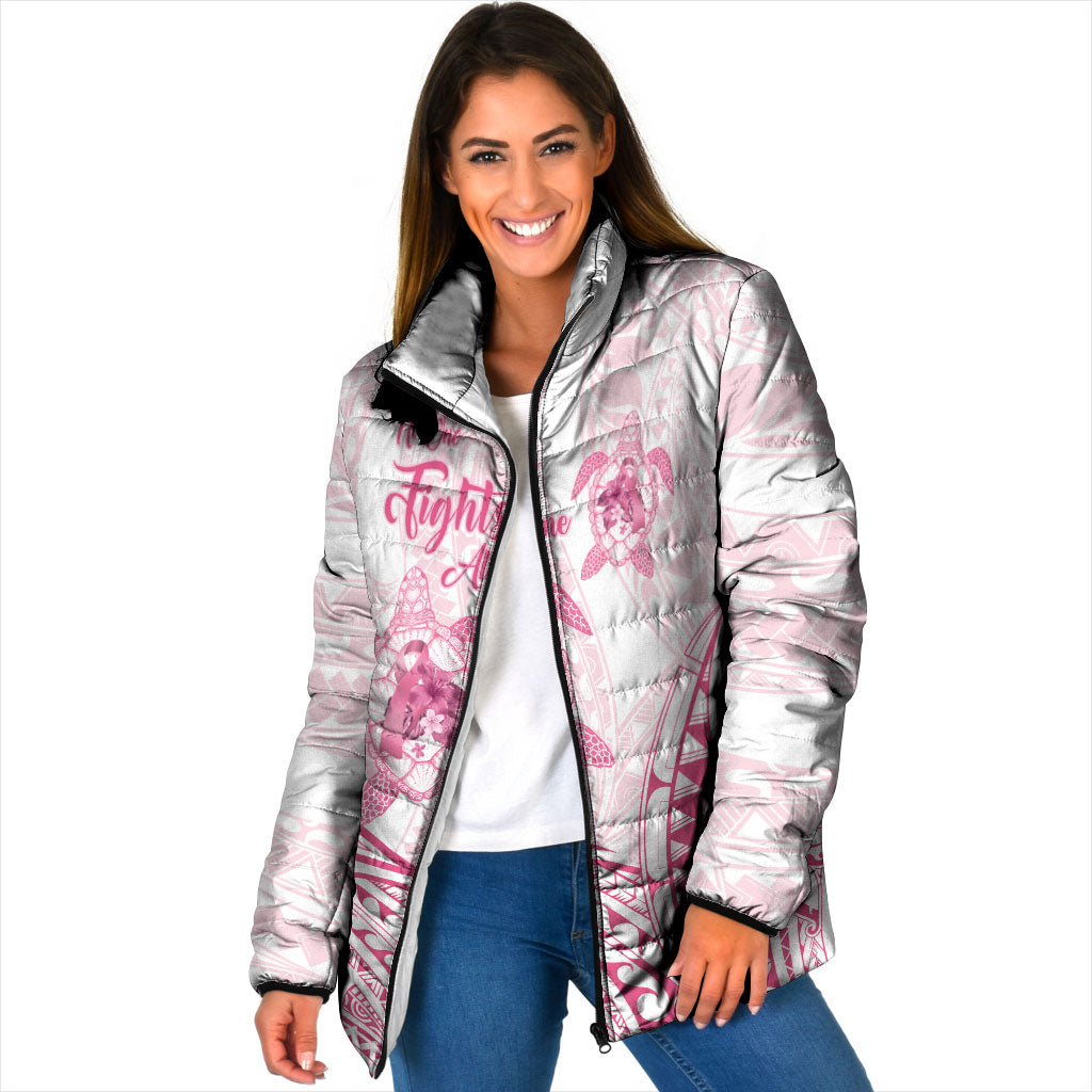 Personalised Polynesia Breast Cancer Support Padded Jacket No One Fights Alone Turtle Ribbon White