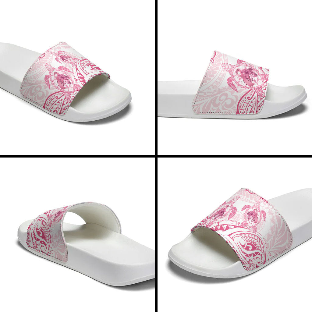 Personalised Polynesia Breast Cancer Support Slide Sandals No One Fights Alone Turtle Ribbon White
