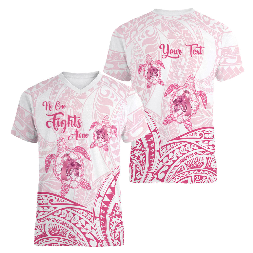Personalised Polynesia Breast Cancer Support Women V-Neck T-Shirt No One Fights Alone Turtle Ribbon White
