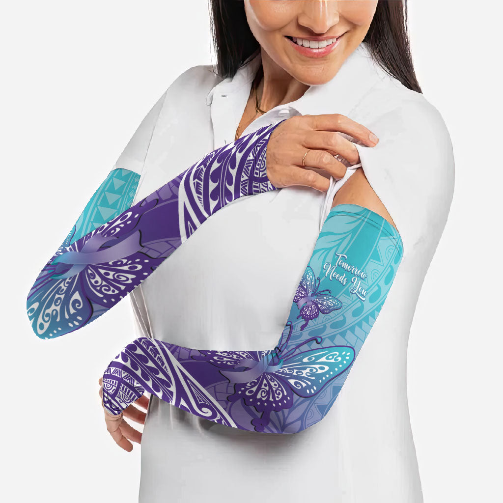 Polynesia Suicide Prevention Month Arm Sleeves Butterfly Purple And Teal Ribbon Tomorrow Needs You