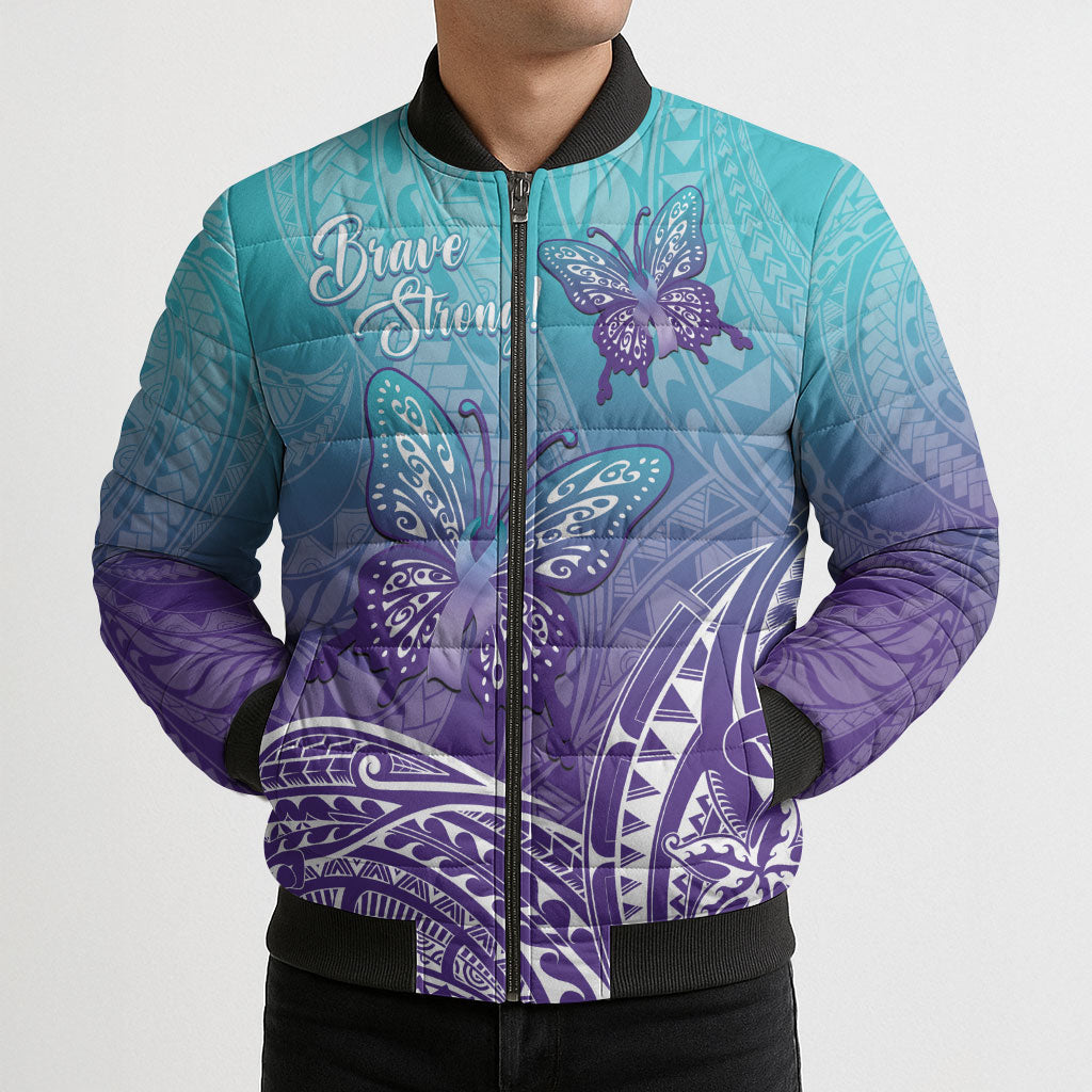 Polynesia Suicide Prevention Month Bomber Puffer Jacket Butterfly Purple And Teal Ribbon Tomorrow Needs You