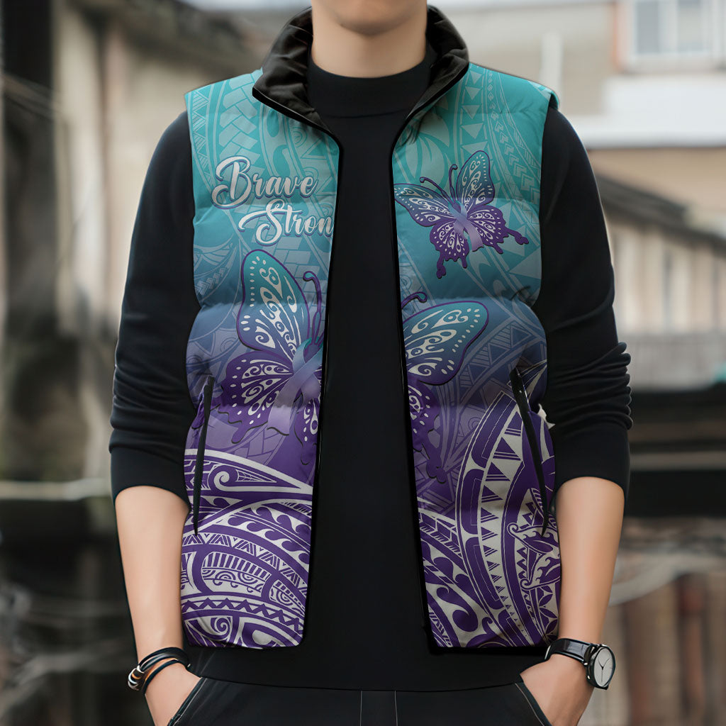 Polynesia Suicide Prevention Month Sleeveless Puffer Jacket Butterfly Purple And Teal Ribbon Tomorrow Needs You