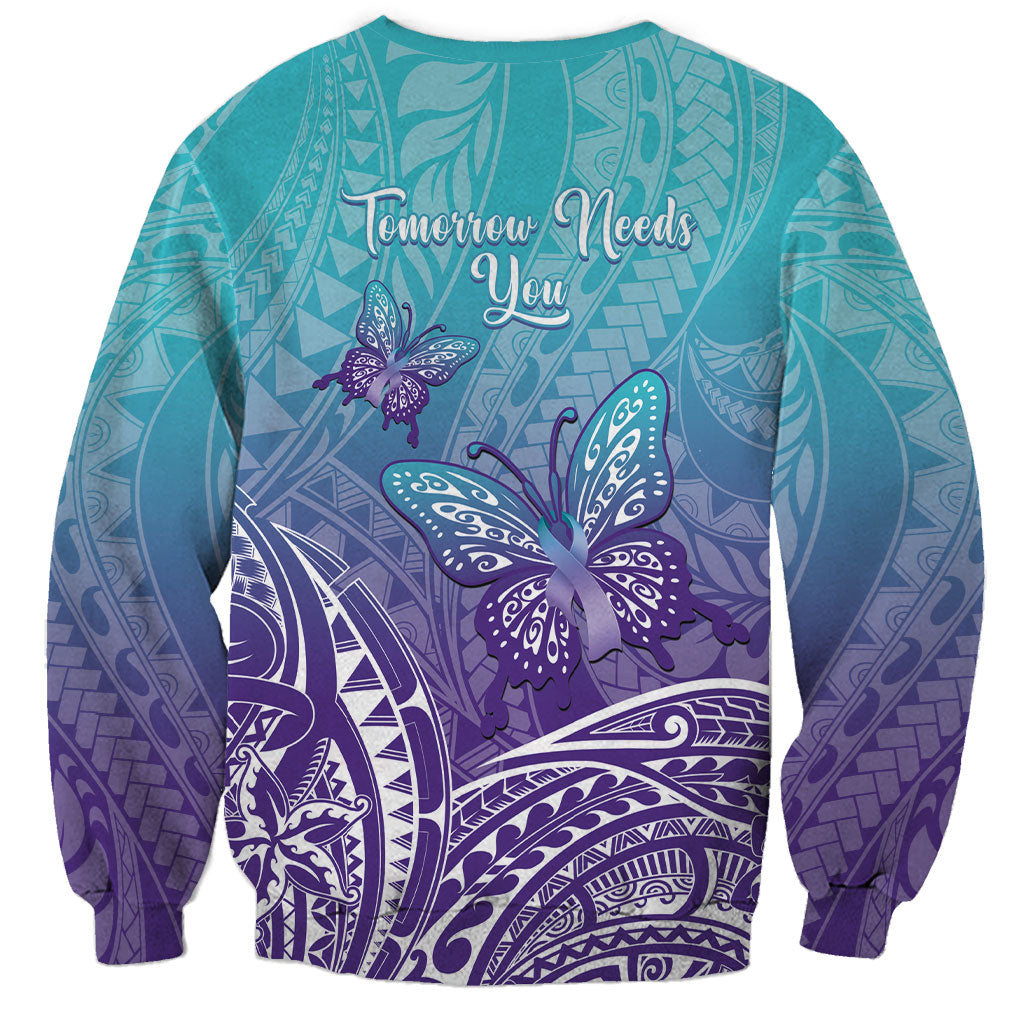 Polynesia Suicide Prevention Month Sweatshirt Butterfly Purple And Teal Ribbon Tomorrow Needs You