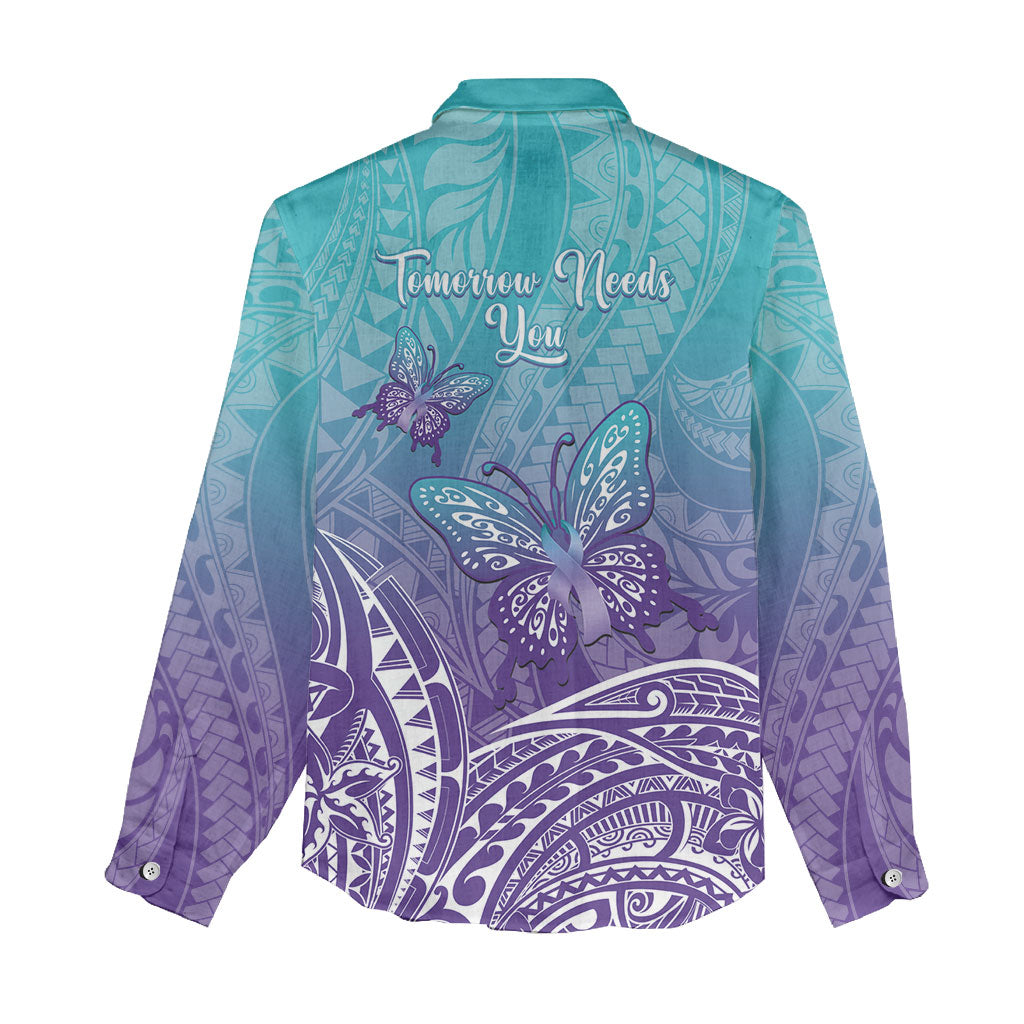 Polynesia Suicide Prevention Month Women Casual Shirt Butterfly Purple And Teal Ribbon Tomorrow Needs You
