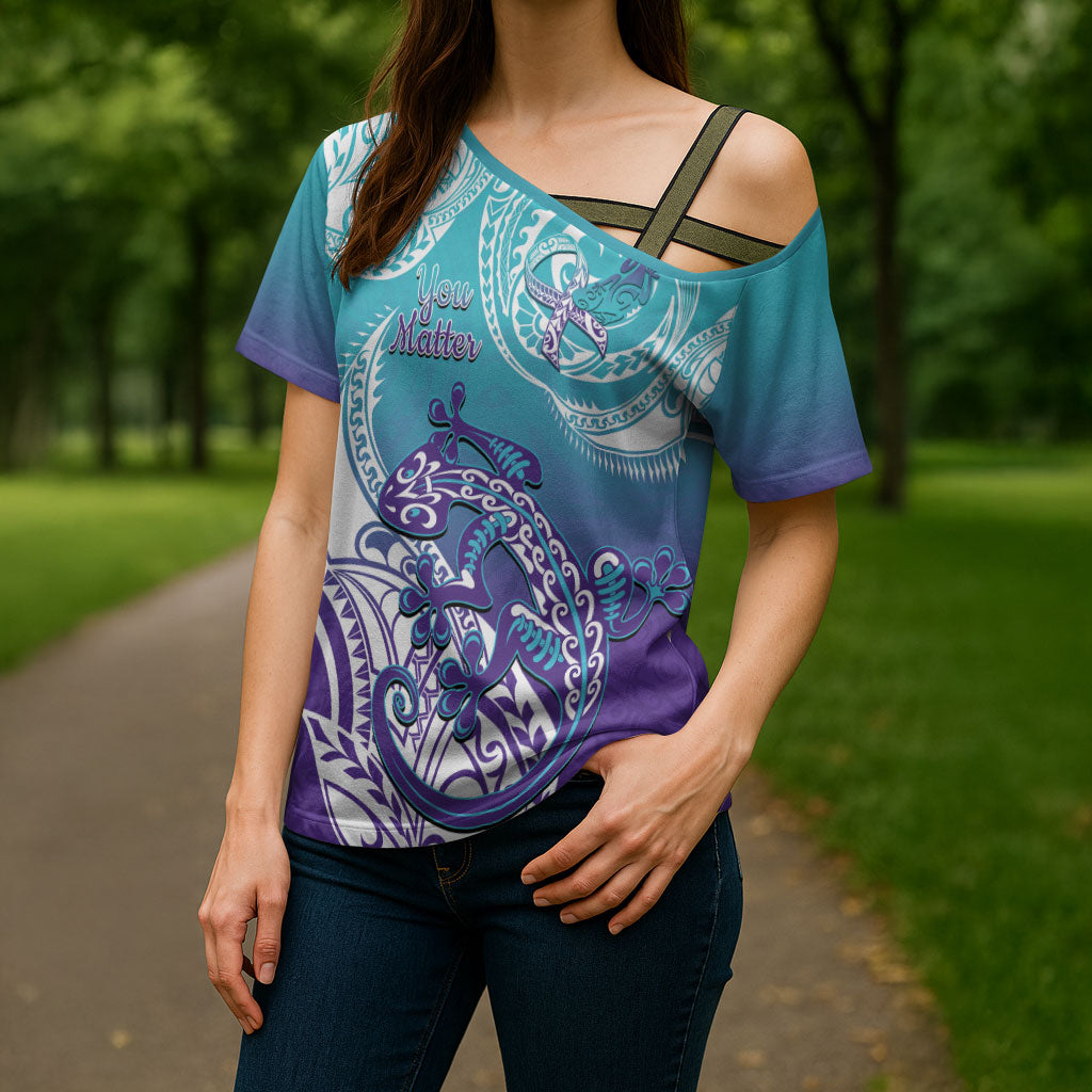 Personalised New Zealand Suicide Prevention Month Cross Shoulder Shirt You Matter NZ Fern With Maori Koru Lizard