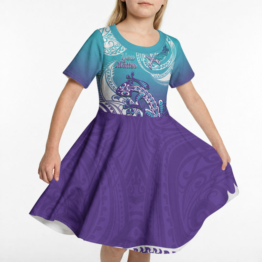 Personalised New Zealand Suicide Prevention Month Kid Short Sleeve Dress You Matter NZ Fern With Maori Koru Lizard