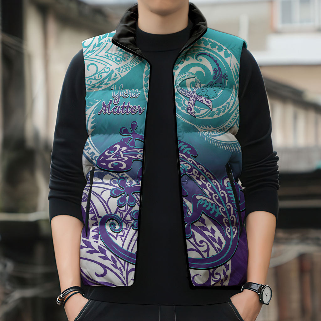 Personalised New Zealand Suicide Prevention Month Sleeveless Puffer Jacket You Matter NZ Fern With Maori Koru Lizard
