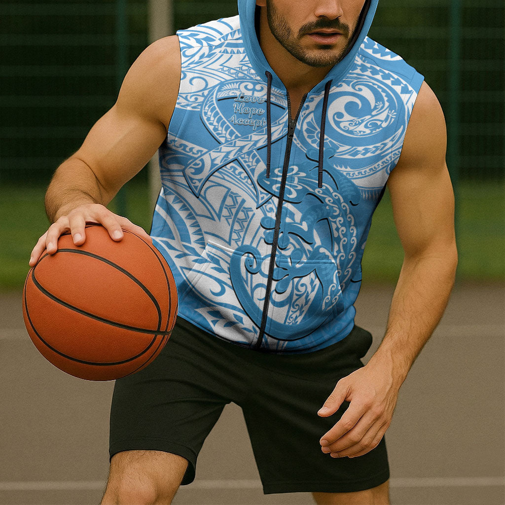Personalised New Zealand Autism Support Sleeveless Zip Hoodie NZ Fern With Maori Koru Lizard
