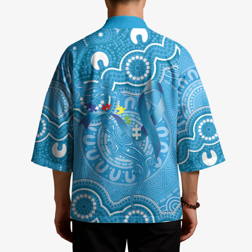 Australia Indigenous Kimono Blue Ribbon Lizards Autism Support
