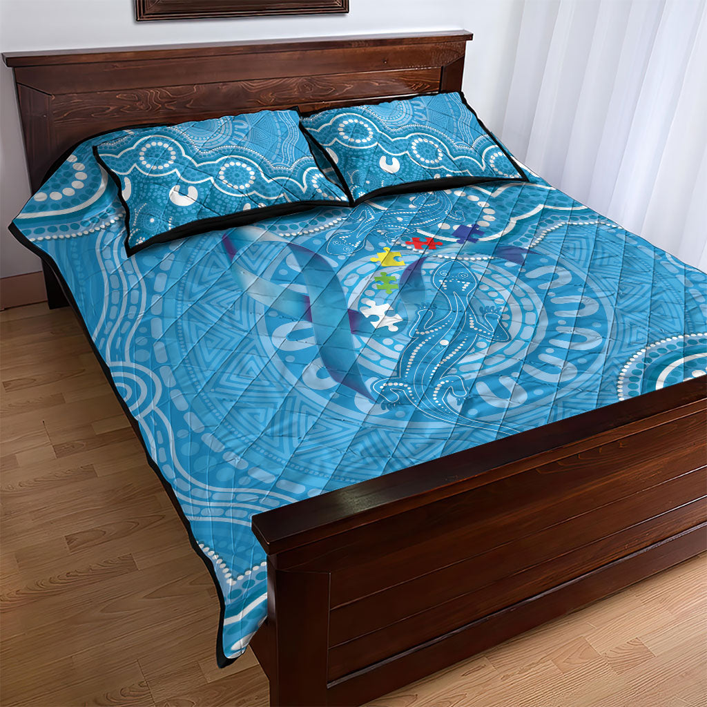 Australia Indigenous Quilt Bed Set Blue Ribbon Lizards Autism Support