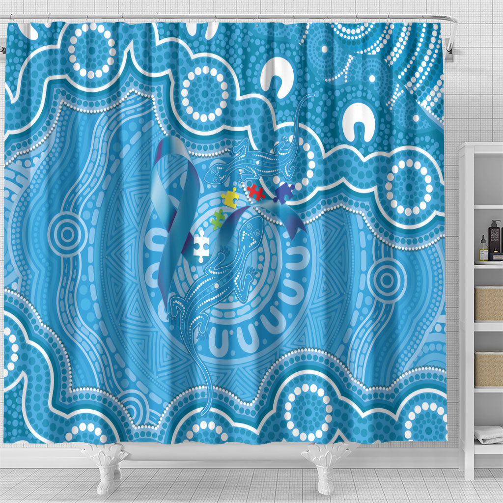 Australia Indigenous Shower Curtain Blue Ribbon Lizards Autism Support