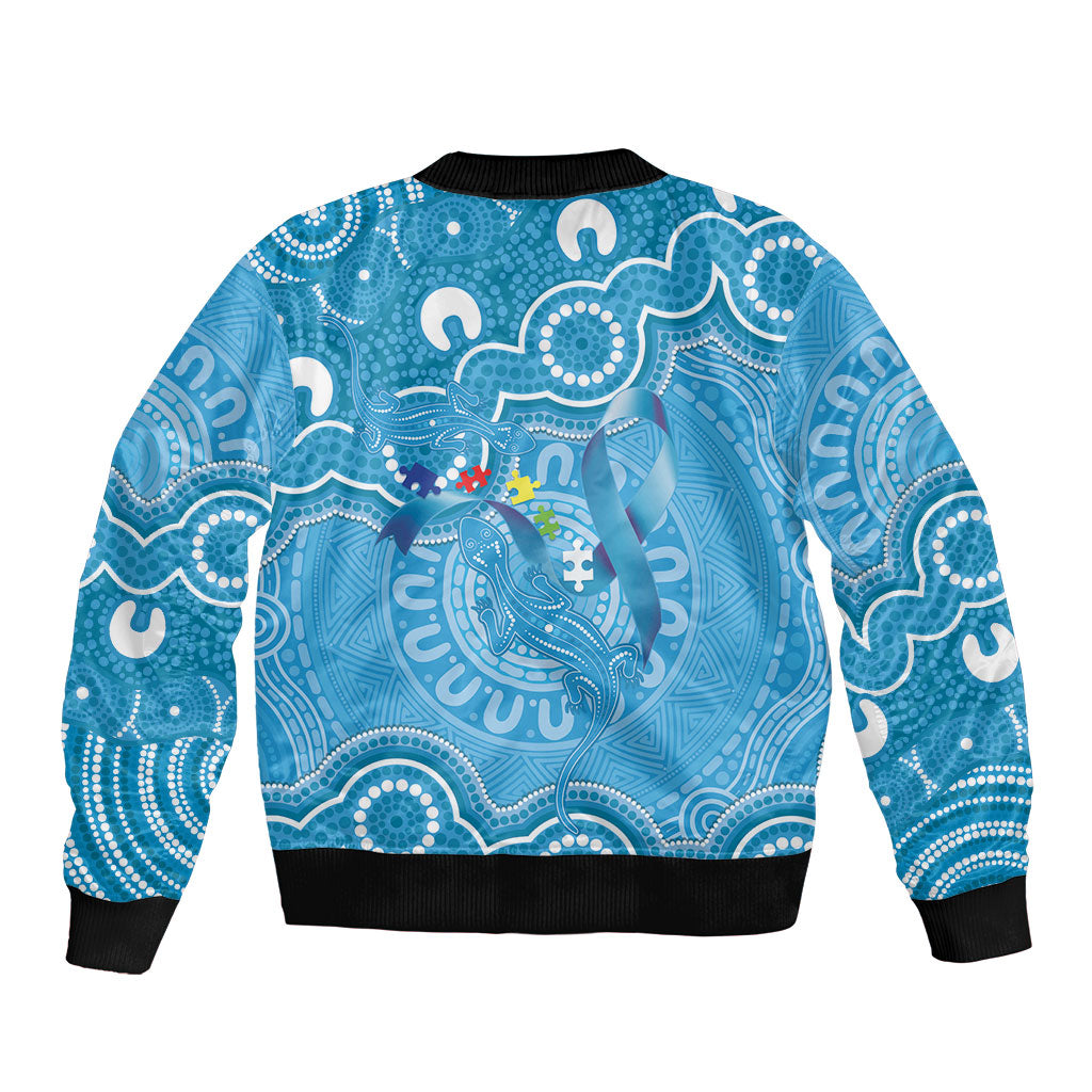 Australia Indigenous Sleeve Zip Bomber Jacket Blue Ribbon Lizards Autism Support
