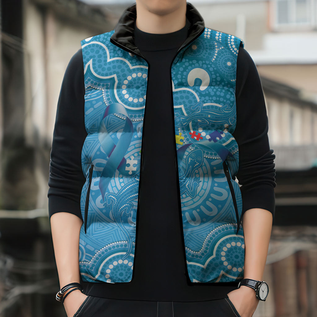 Australia Indigenous Sleeveless Puffer Jacket Blue Ribbon Lizards Autism Support