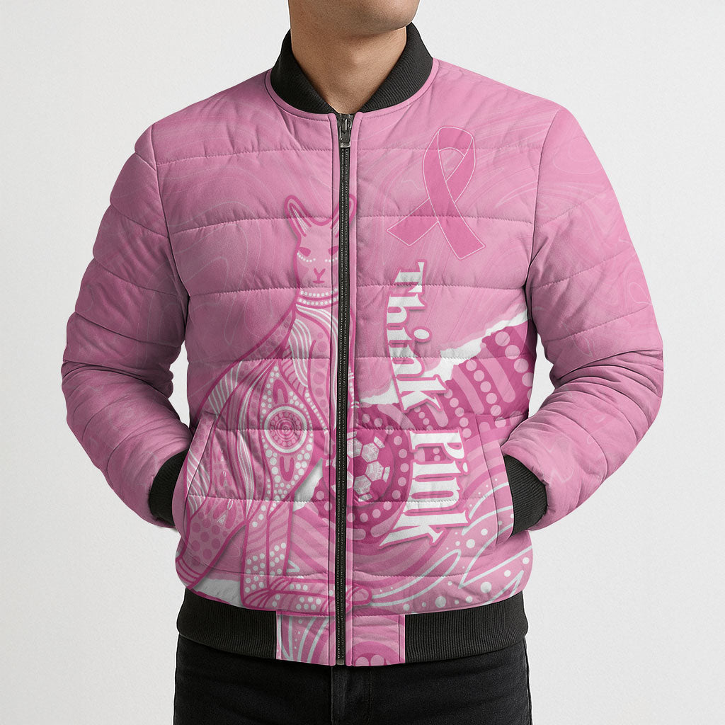 Australia Soccer Breast Cancer Custom Bomber Puffer Jacket Think Pink Aussie Opal Aboriginal Art