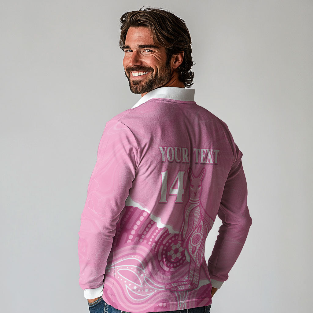 Australia Soccer Breast Cancer Custom Long Sleeve Polo Shirt Think Pink Aussie Opal Aboriginal Art