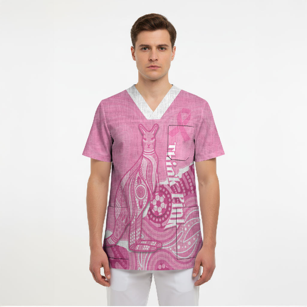 Australia Soccer Breast Cancer Custom Scrub Top Think Pink Aussie Opal Aboriginal Art
