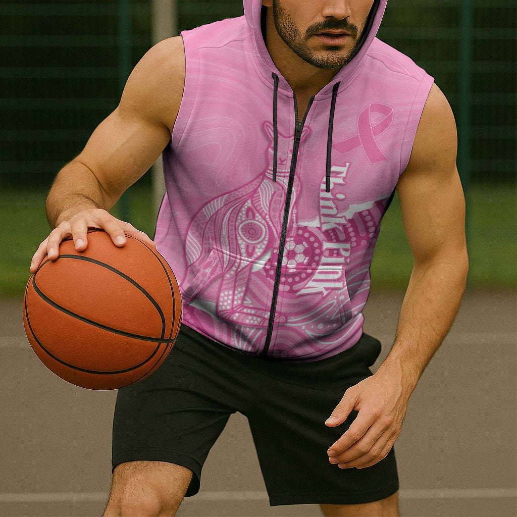 Australia Soccer Breast Cancer Custom Sleeveless Zip Hoodie Think Pink Aussie Opal Aboriginal Art