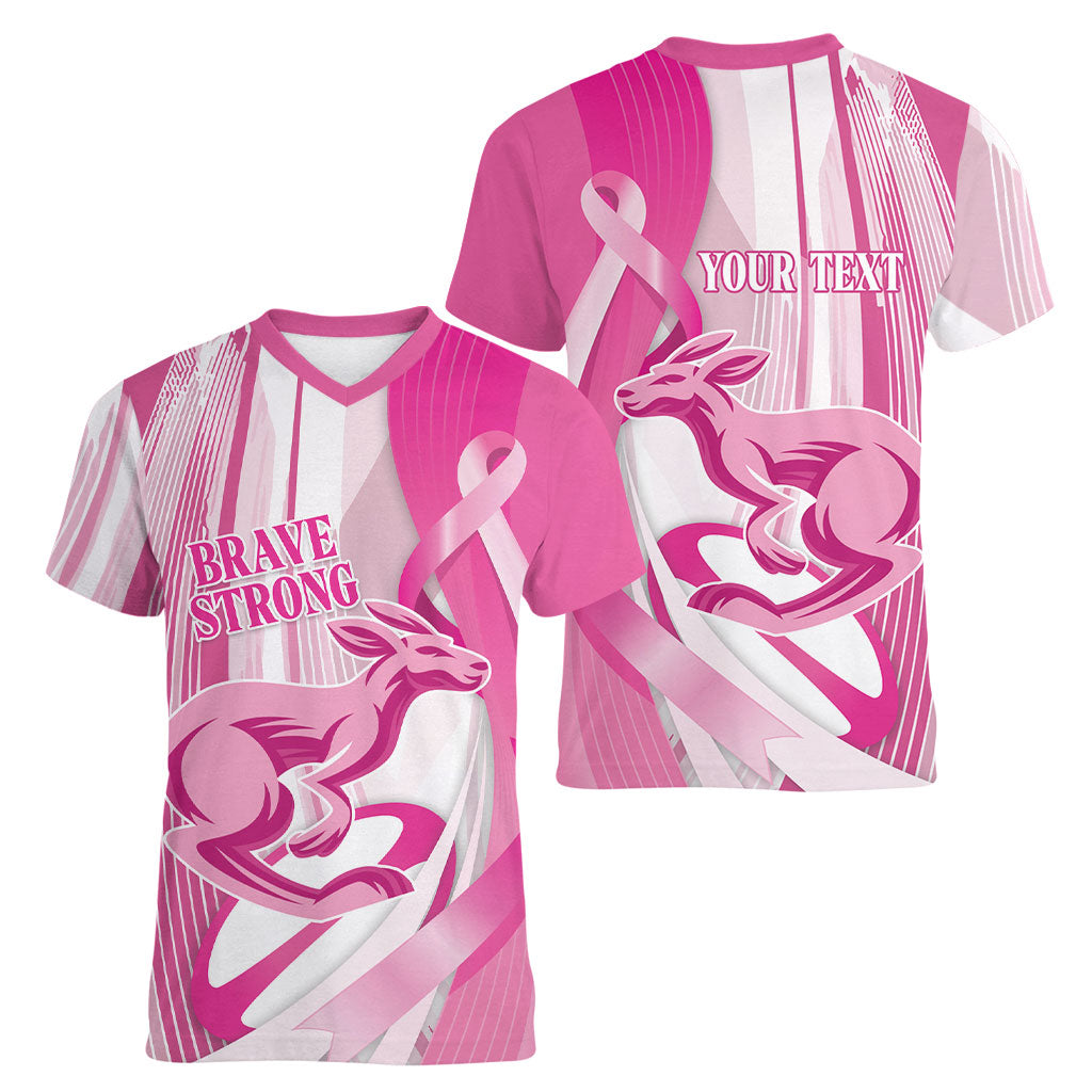 Australia Rugby Breast Cancer Personalised Women V-Neck T-Shirt Brave Strong Pink Ribbon Sporty Style
