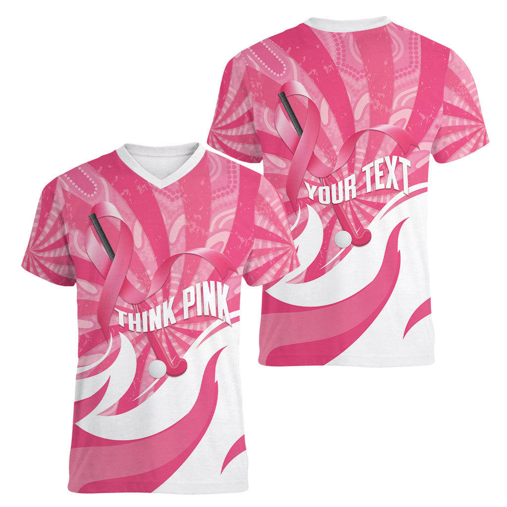 Australia Field Hockey Breast Cancer Personalised Women V-Neck T-Shirt Think Pink Ribbon Aboriginal Art