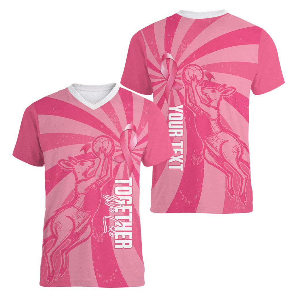Australia Netball Breast Cancer Personalised Women V-Neck T-Shirt Aussie Kangaroo Together We Can