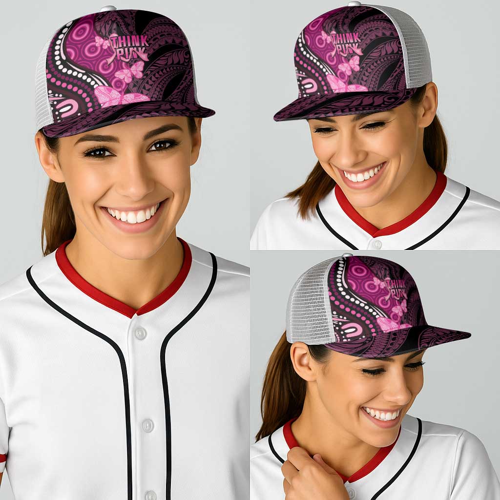 Think Pink Breast Cancer Support Baseball Net Cap Butterfly Aboriginal Mix Polynesian Pattern