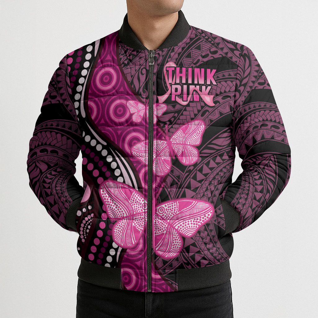 Think Pink Breast Cancer Support Bomber Puffer Jacket Butterfly Aboriginal Mix Polynesian Pattern