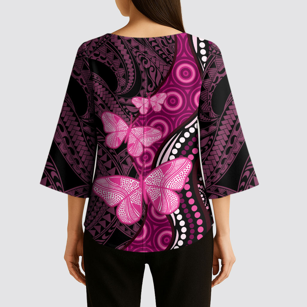 Think Pink Breast Cancer Support Kimono Sleeve Blouse Butterfly Aboriginal Mix Polynesian Pattern
