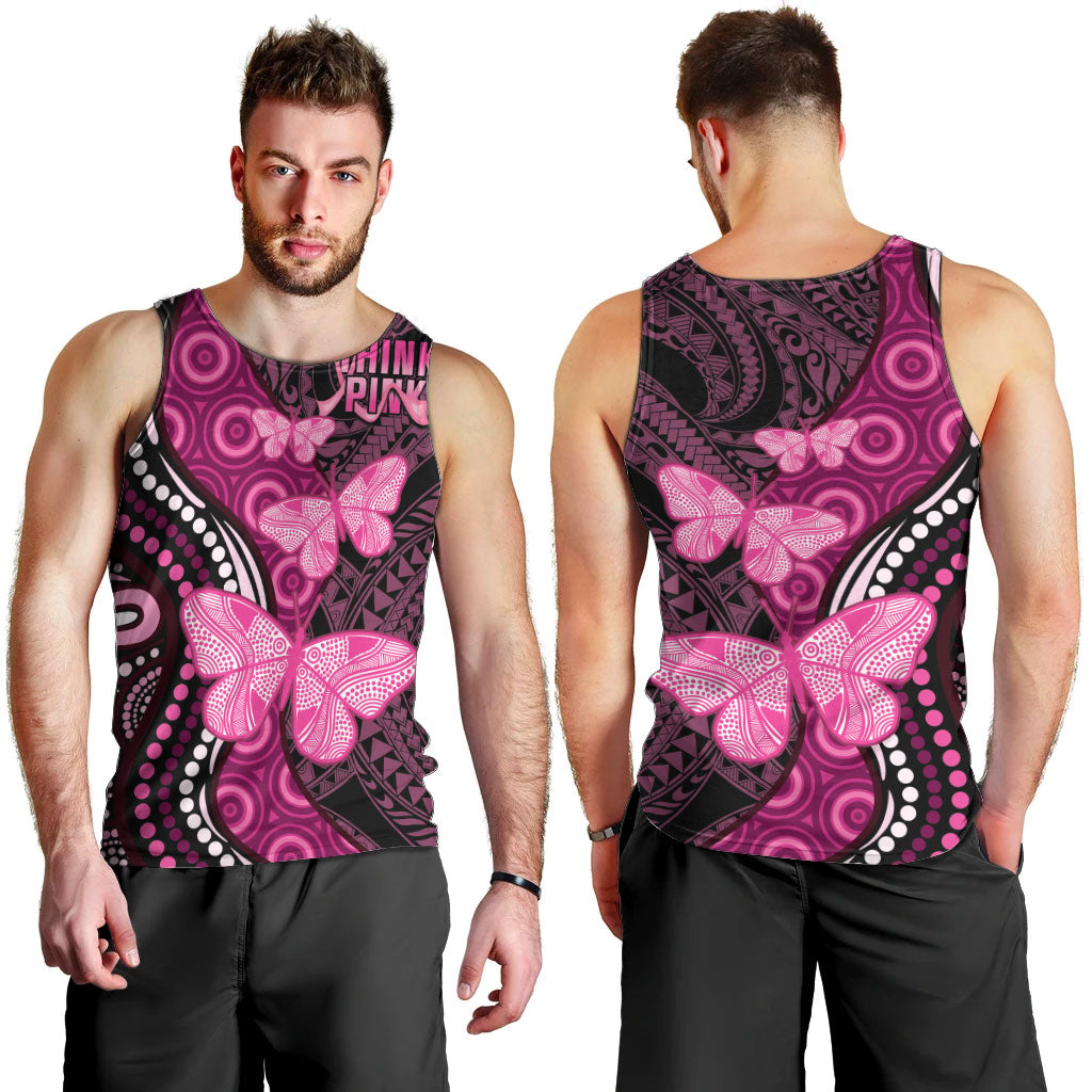 Think Pink Breast Cancer Support Men Tank Top Butterfly Aboriginal Mix Polynesian Pattern