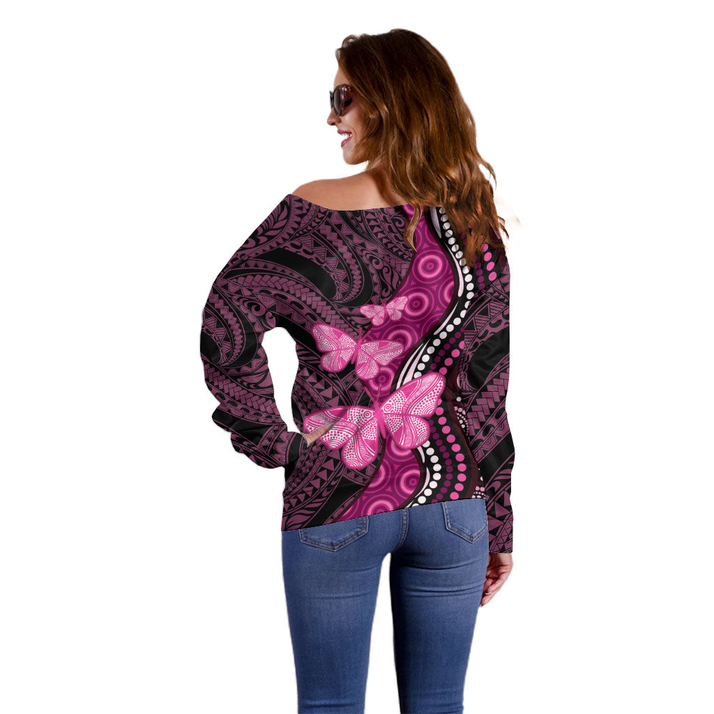 Think Pink Breast Cancer Support Off Shoulder Sweater Butterfly Aboriginal Mix Polynesian Pattern