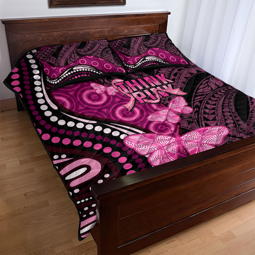 Think Pink Breast Cancer Support Quilt Bed Set Butterfly Aboriginal Mix Polynesian Pattern