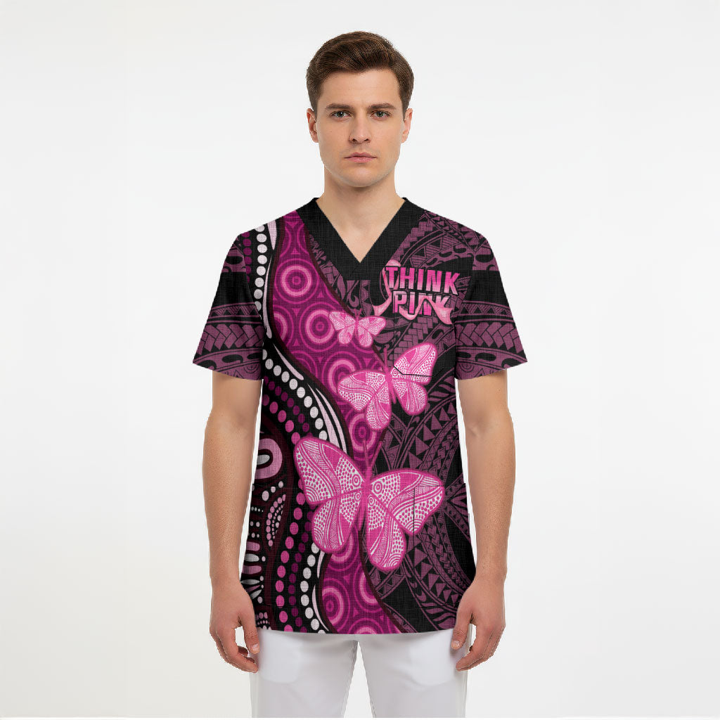 Think Pink Breast Cancer Support Scrub Top Butterfly Aboriginal Mix Polynesian Pattern