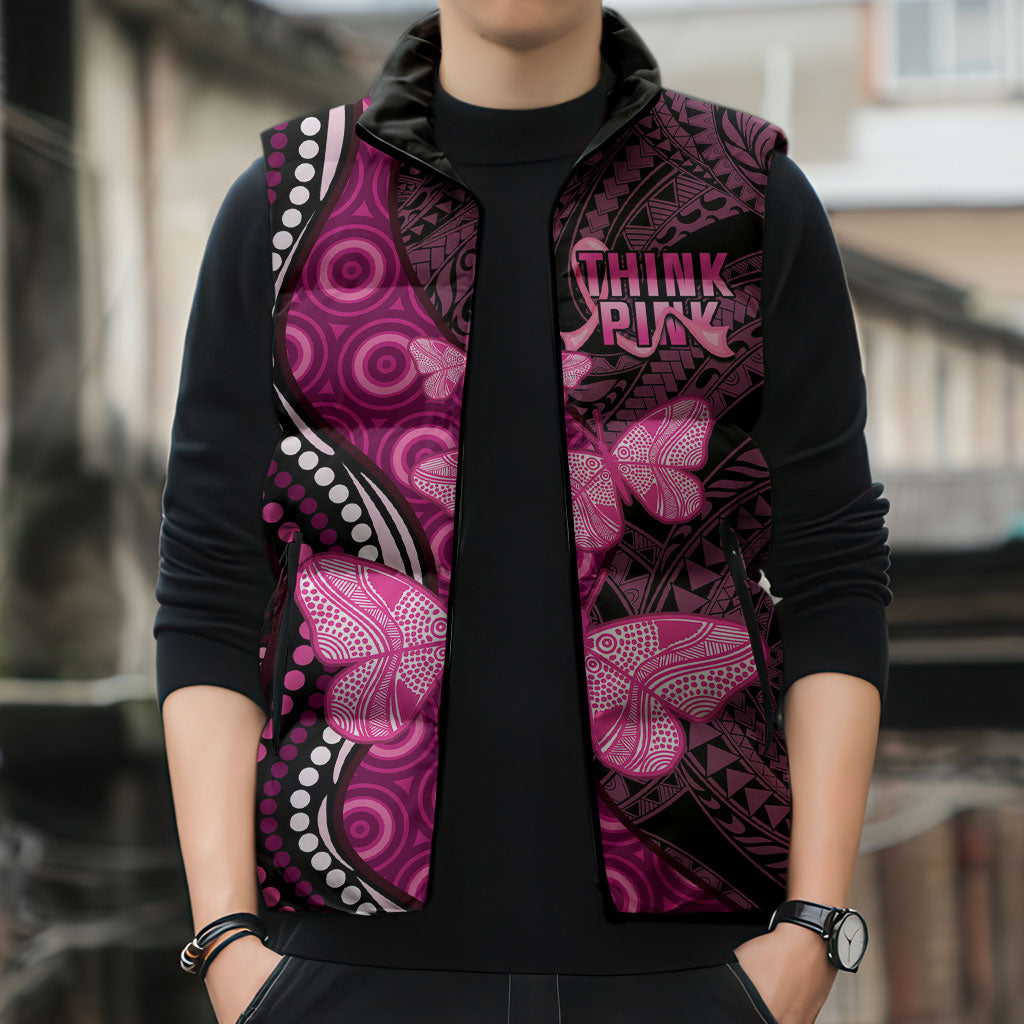 Think Pink Breast Cancer Support Sleeveless Puffer Jacket Butterfly Aboriginal Mix Polynesian Pattern