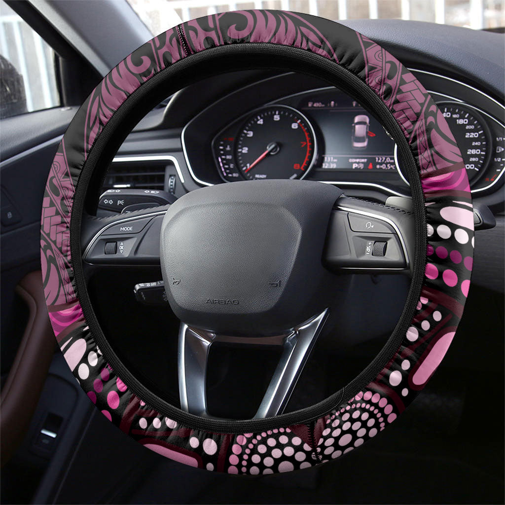 Think Pink Breast Cancer Support Steering Wheel Cover Butterfly Aboriginal Mix Polynesian Pattern