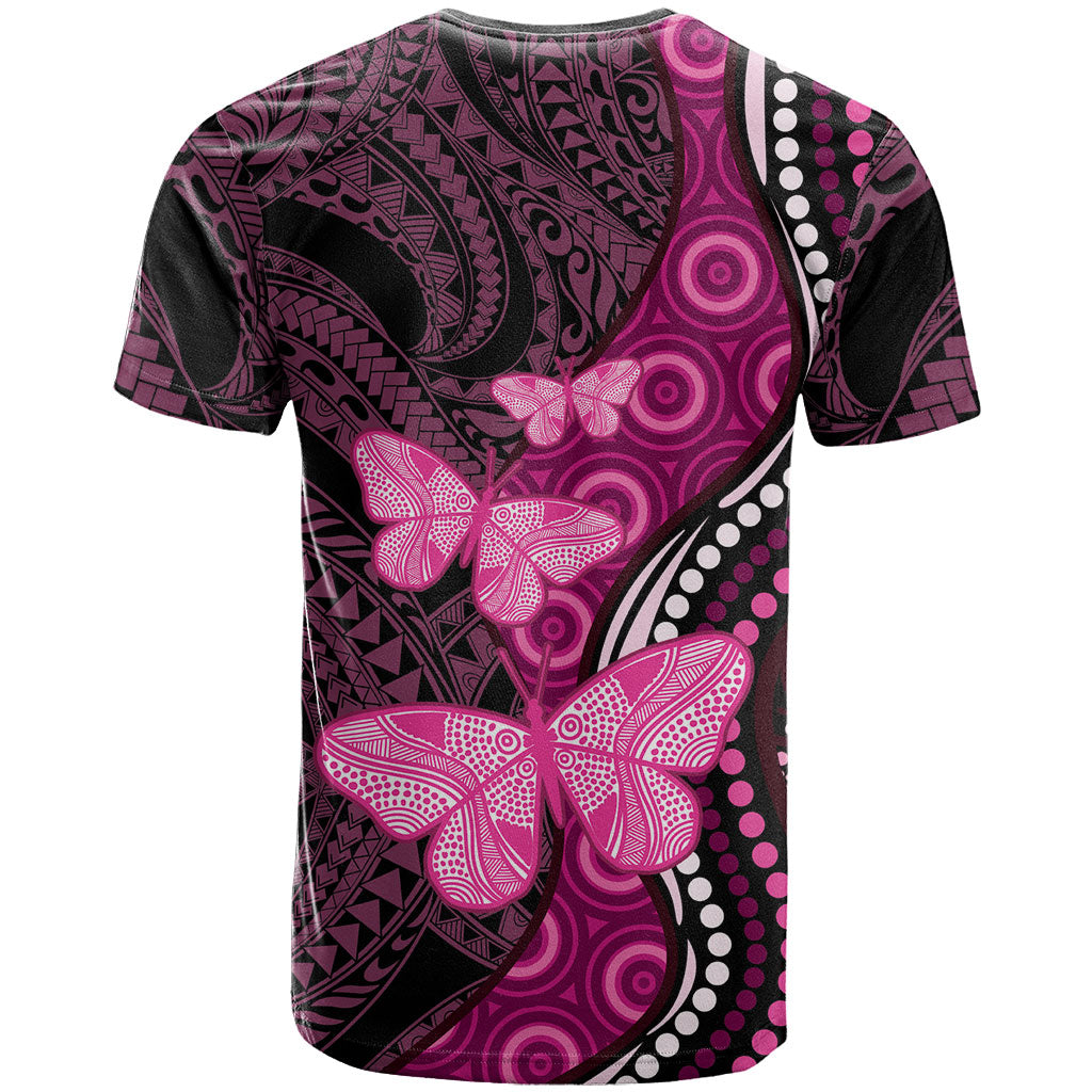Think Pink Breast Cancer Support T Shirt Butterfly Aboriginal Mix Polynesian Pattern