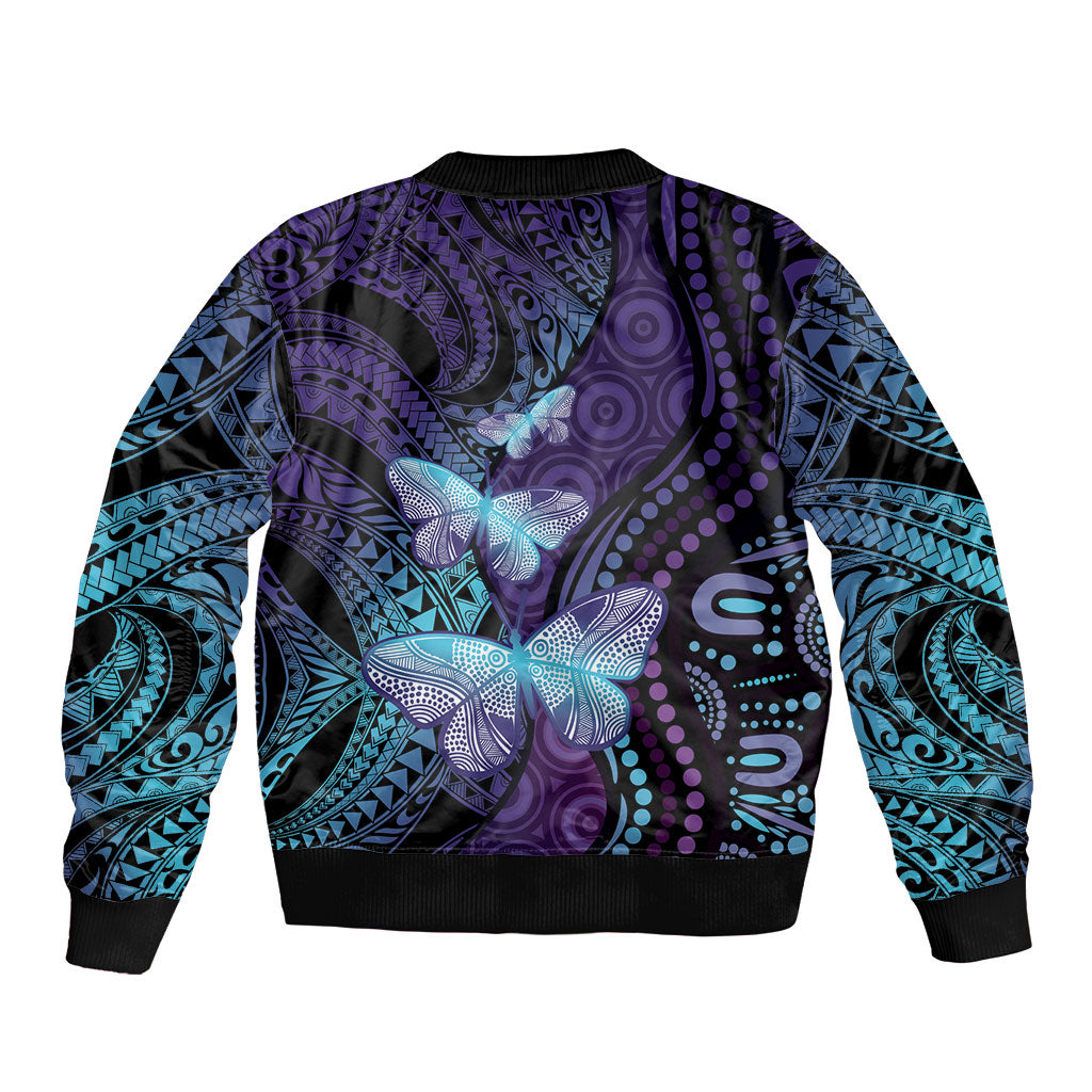 You Matter Suicide Prevention Sleeve Zip Bomber Jacket Butterfly Aboriginal Mix Polynesian Pattern
