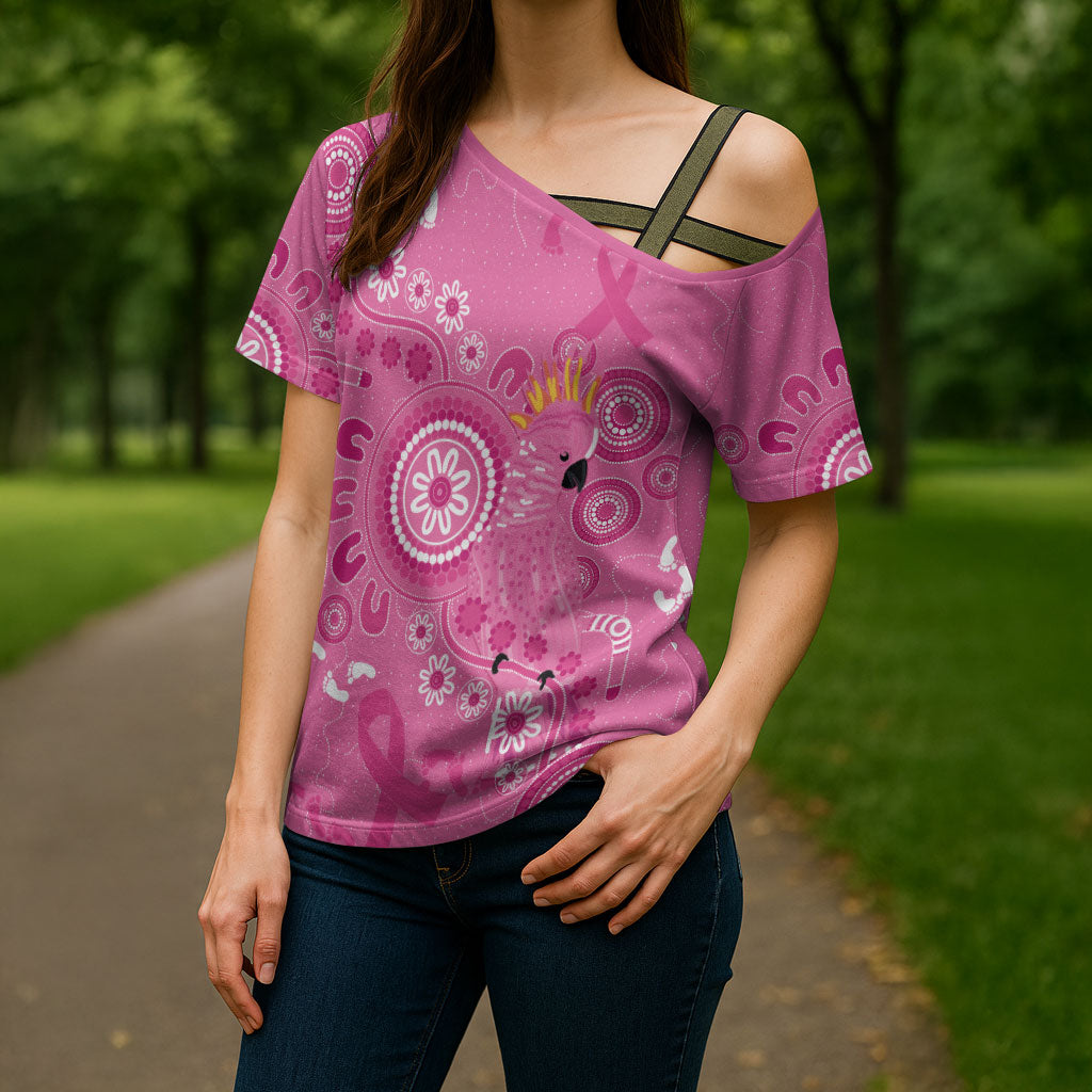 Pink Ribbon Australia Cross Shoulder Shirt Breast Cancer Support Aboriginal Cacatua leadbeateri