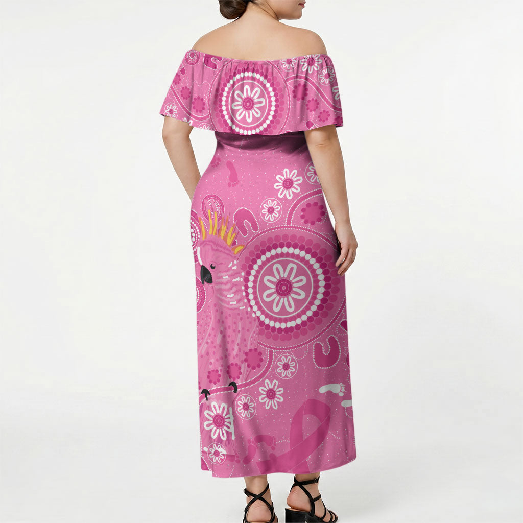 Pink Ribbon Australia Off Shoulder Maxi Dress Breast Cancer Support Aboriginal Cacatua leadbeateri