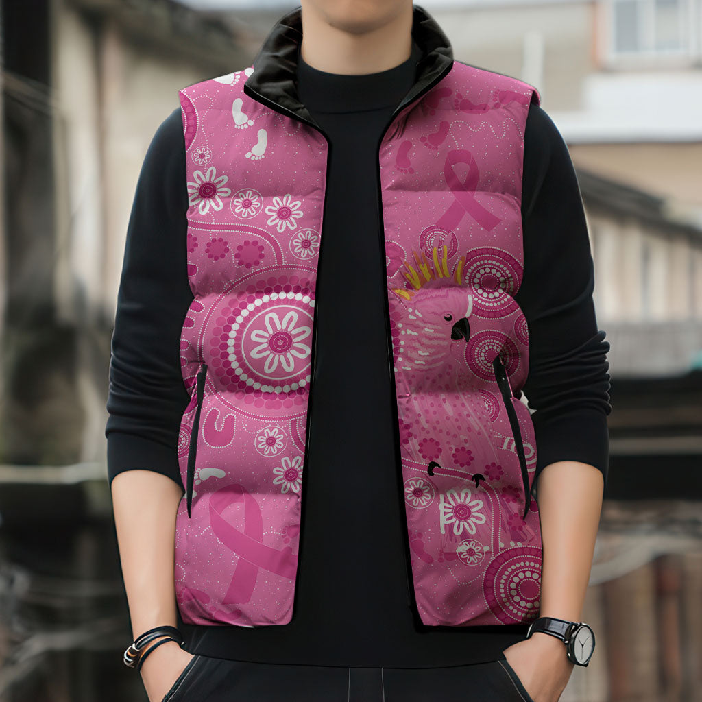 Pink Ribbon Australia Sleeveless Puffer Jacket Breast Cancer Support Aboriginal Cacatua leadbeateri