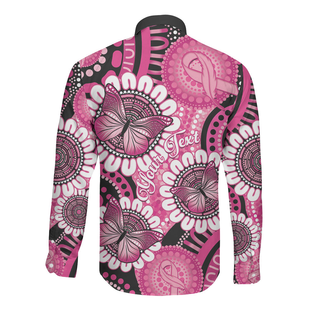 Personalised Australia Indigenous Long Sleeve Button Shirt Breast Cancer Ribbon Think Pink - Black Version